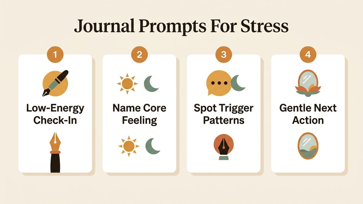 Infographic for journal prompts for stress: Low-Energy Check-In, Name Core Feeling, Spot Trigger Patterns, and Gentle Next Action.
