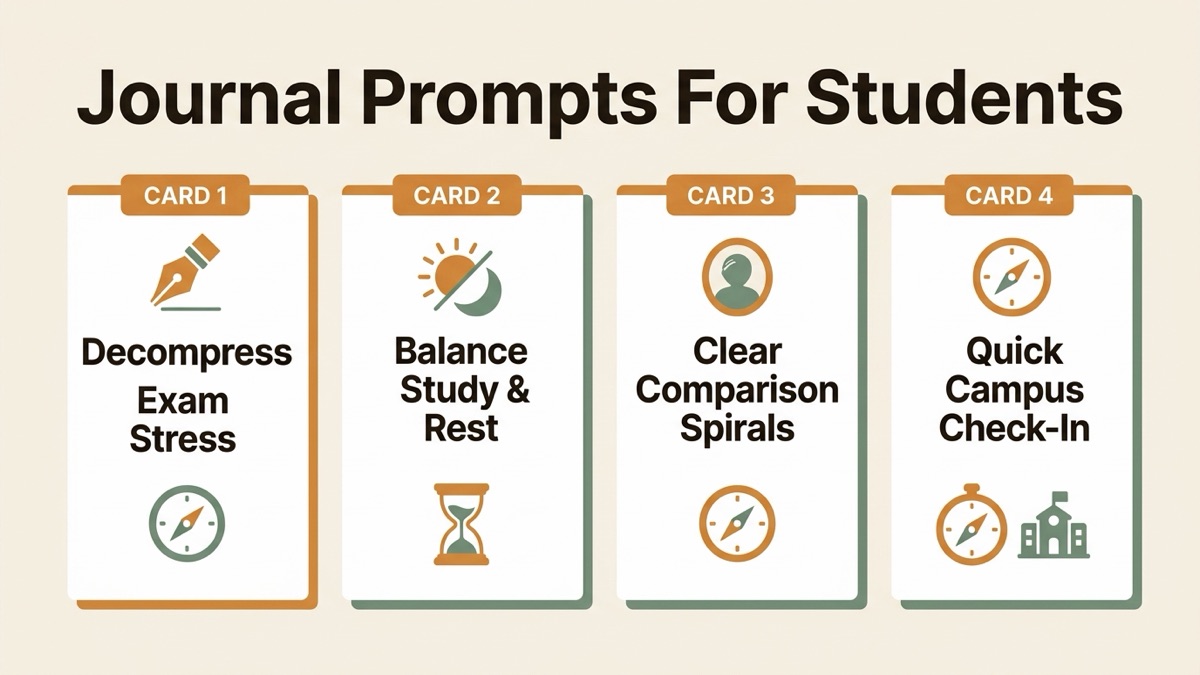 Infographic guide to journal prompts for students covering Decompress Exam Stress, Balance Study & Rest, and Clear Comparison Spirals.