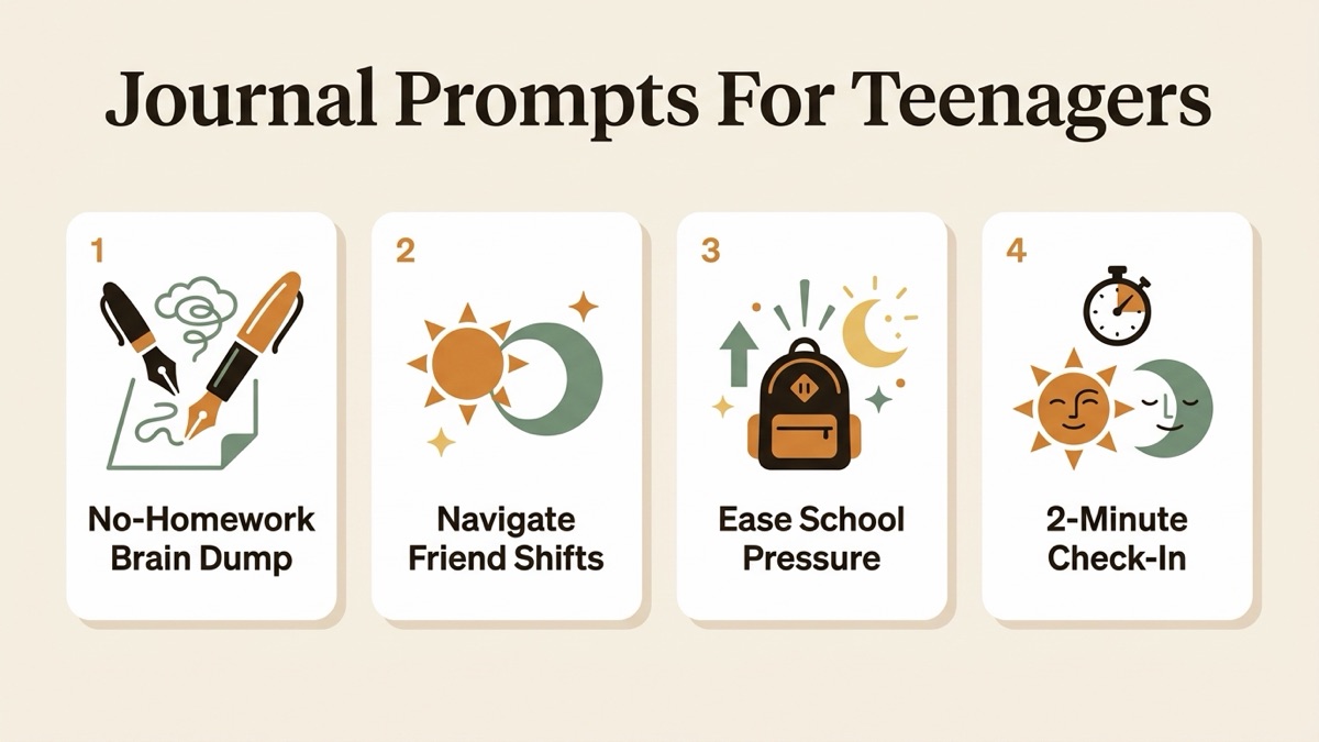 Infographic guide to journal prompts for teenagers covering No-Homework Brain Dump, Navigate Friend Shifts, and Ease School Pressure.