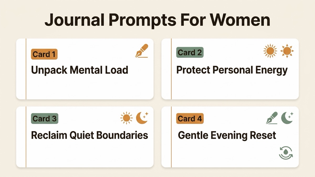 Infographic guide to journal prompts for women covering Unpack Mental Load, Protect Personal Energy, and Reclaim Quiet Boundaries.