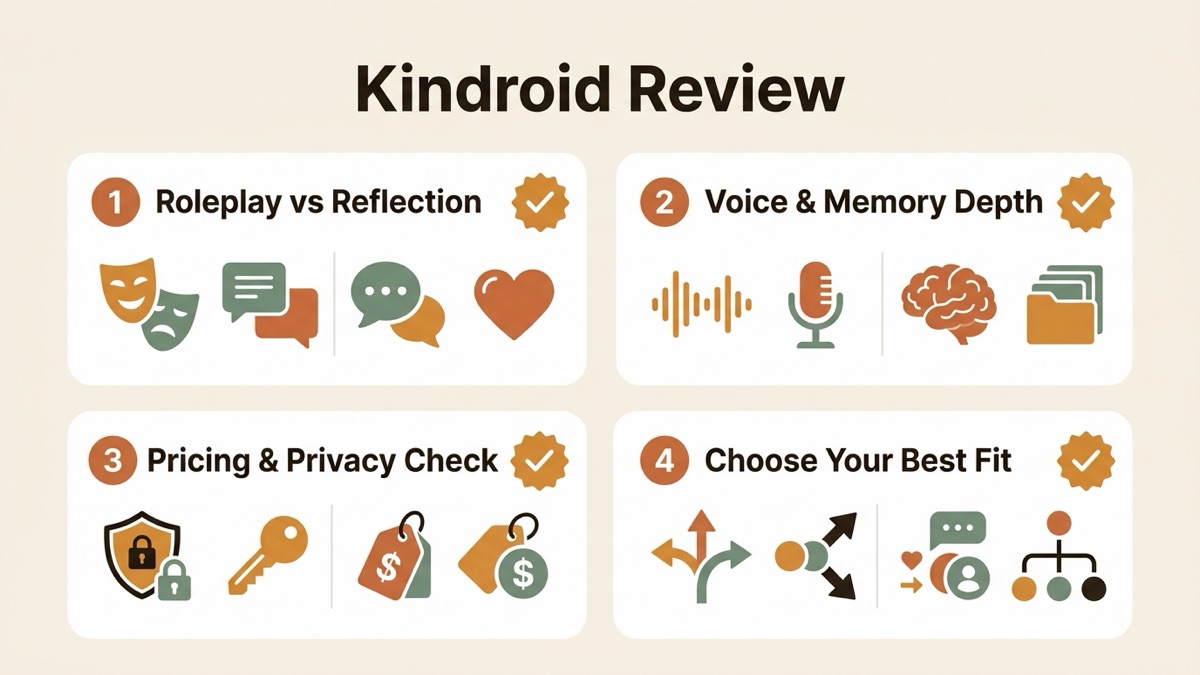 Infographic for kindroid review: Roleplay vs Reflection, Voice & Memory Depth, Pricing & Privacy Check, and Choose Your Best Fit.