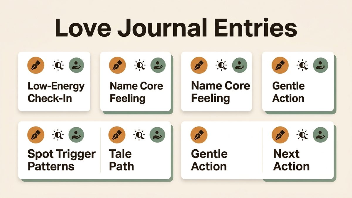 Infographic for love journal entries: Low-Energy Check-In, Name Core Feeling, Spot Trigger Patterns, and Gentle Next Action.