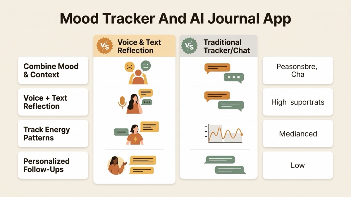 Infographic guide to mood tracker and ai journal app covering Combine Mood & Context, Voice + Text Reflection, and Track Energy Patterns.