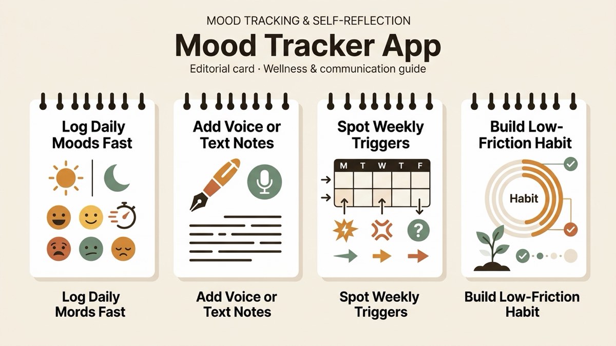 Infographic for mood tracker app: Log Daily Moods Fast, Add Voice or Text Notes, Spot Weekly Triggers, and Build Low-Friction Habit.