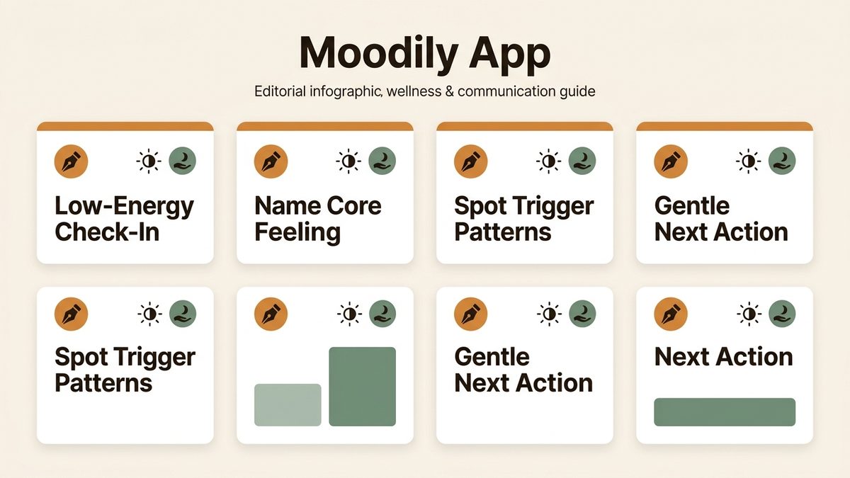 Infographic for moodily app: Low-Energy Check-In, Name Core Feeling, Spot Trigger Patterns, and Gentle Next Action.