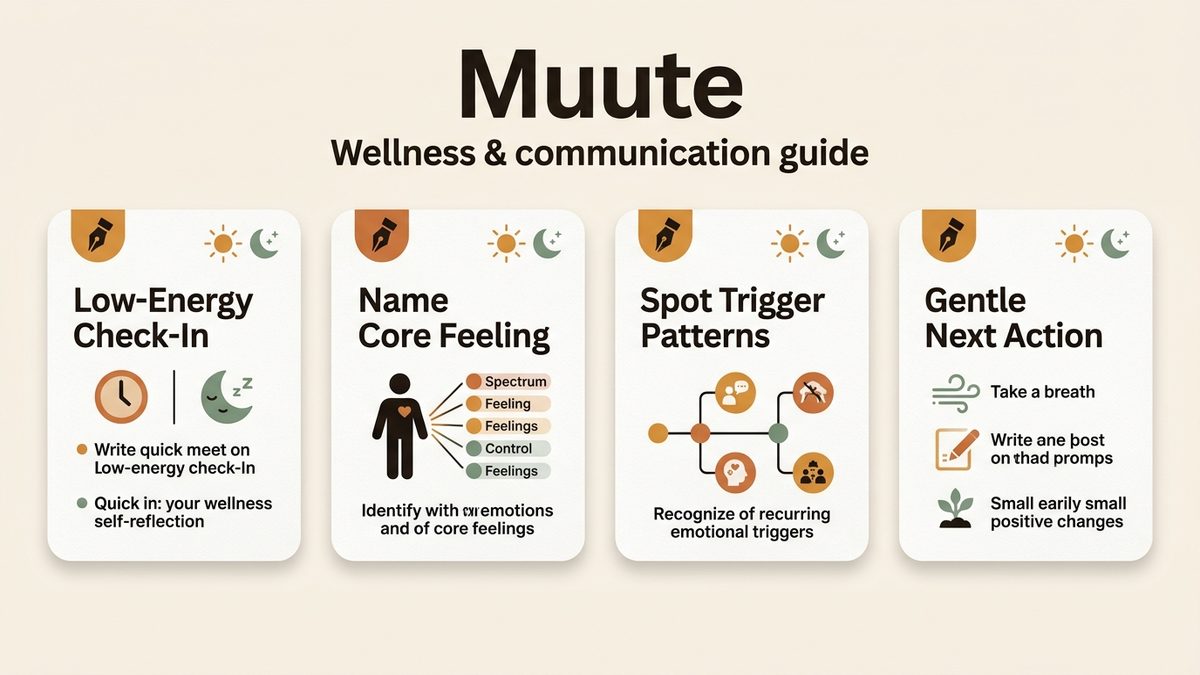 Infographic for muute: Low-Energy Check-In, Name Core Feeling, Spot Trigger Patterns, and Gentle Next Action.