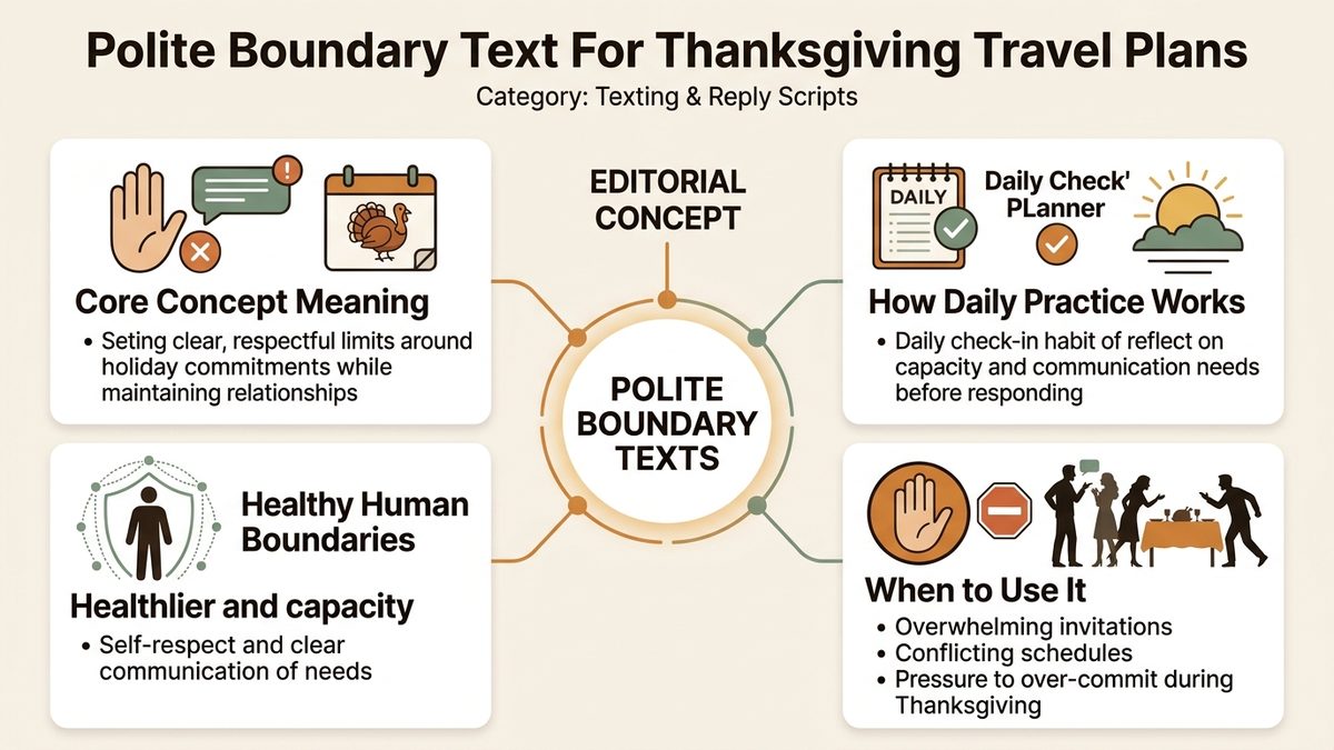 Infographic guide to polite boundary text for thanksgiving travel plans covering Core Concept Meaning, How Daily Practice Works, and Healthy Human Boundaries.