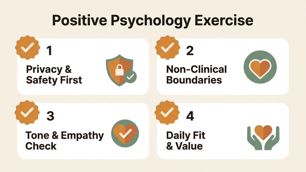 Infographic guide to positive psychology exercise covering Privacy & Safety First, Non-Clinical Boundaries, and Tone & Empathy Check.