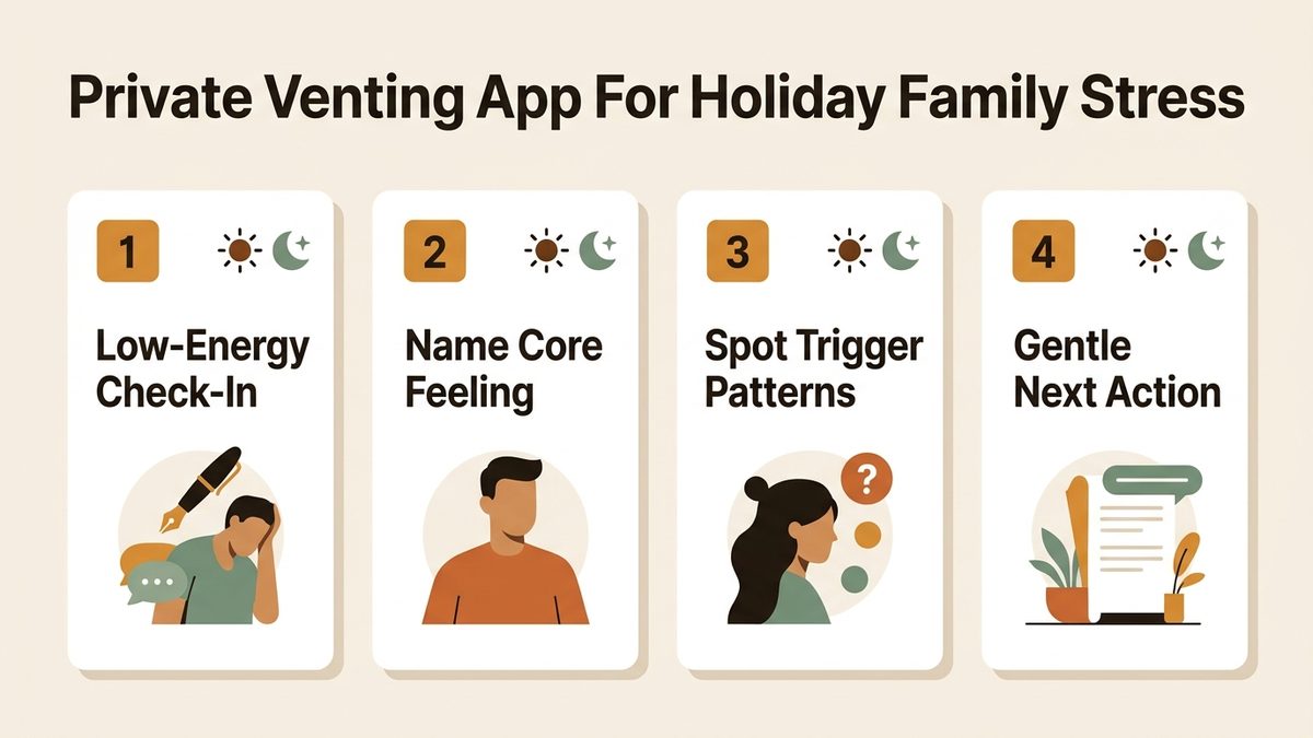 Infographic guide to private venting app for holiday family stress covering Low-Energy Check-In, Name Core Feeling, and Spot Trigger Patterns.