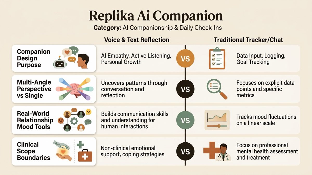 Infographic for replika ai companion: Companion Purpose, Multi-Angle Perspective, Mood & Text Tools, and Clinical Boundaries.