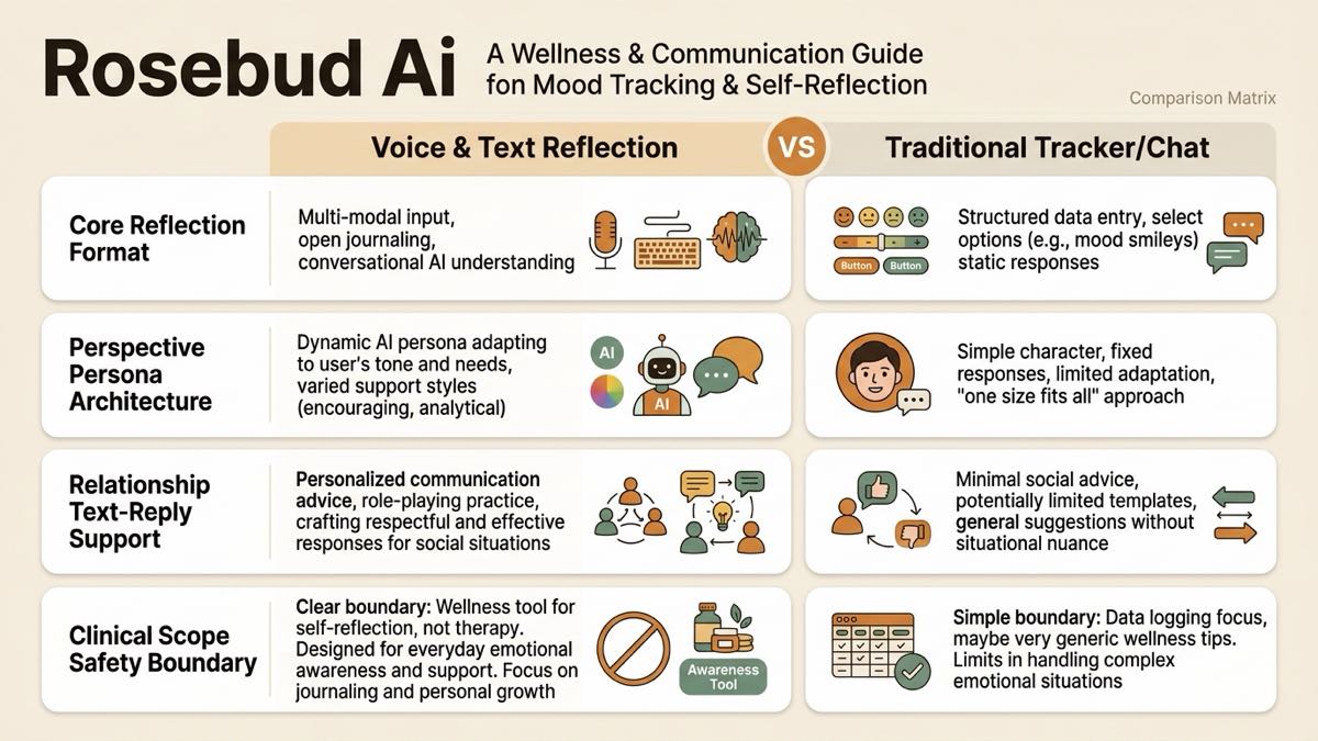 Infographic for rosebud ai: Core Reflection Format, Persona Squad vs Single, Text-Reply Support, and Safety & Boundaries.