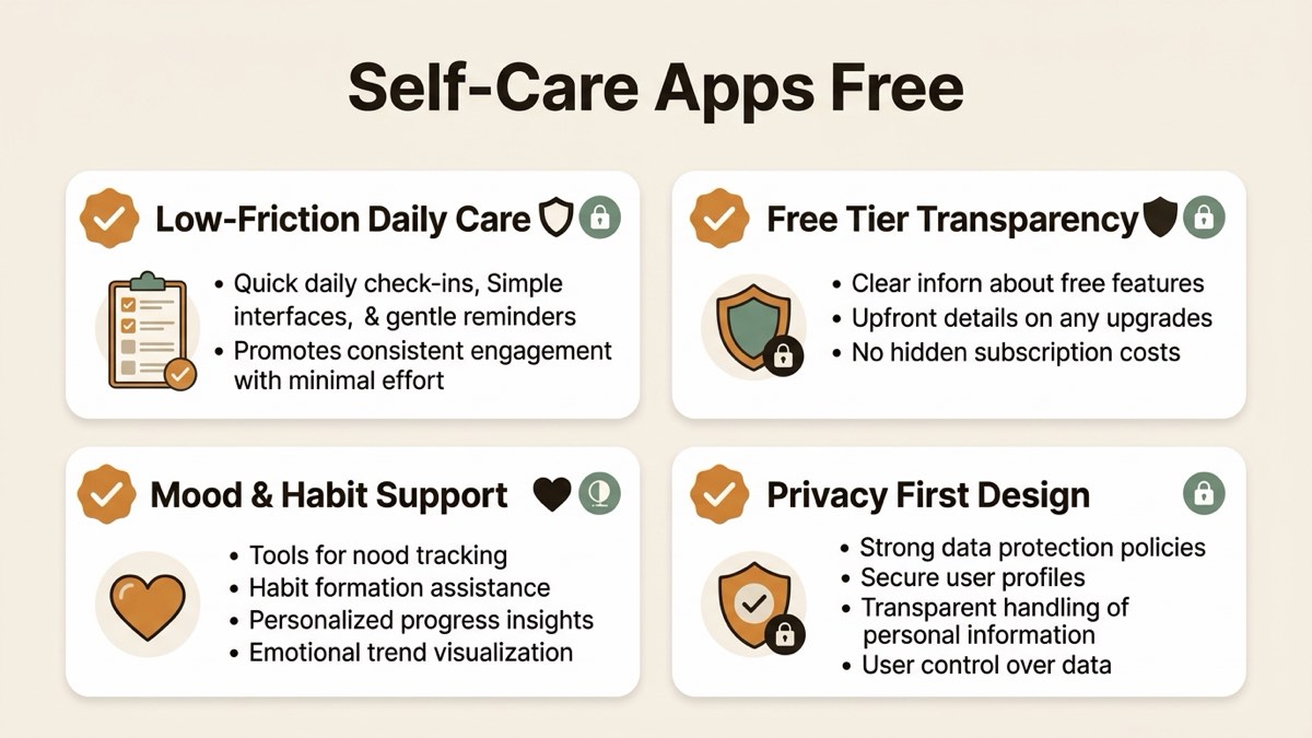 Infographic for self-care apps free: Low-Friction Daily Care, Free Tier Transparency, Mood & Habit Support, and Privacy First Design.