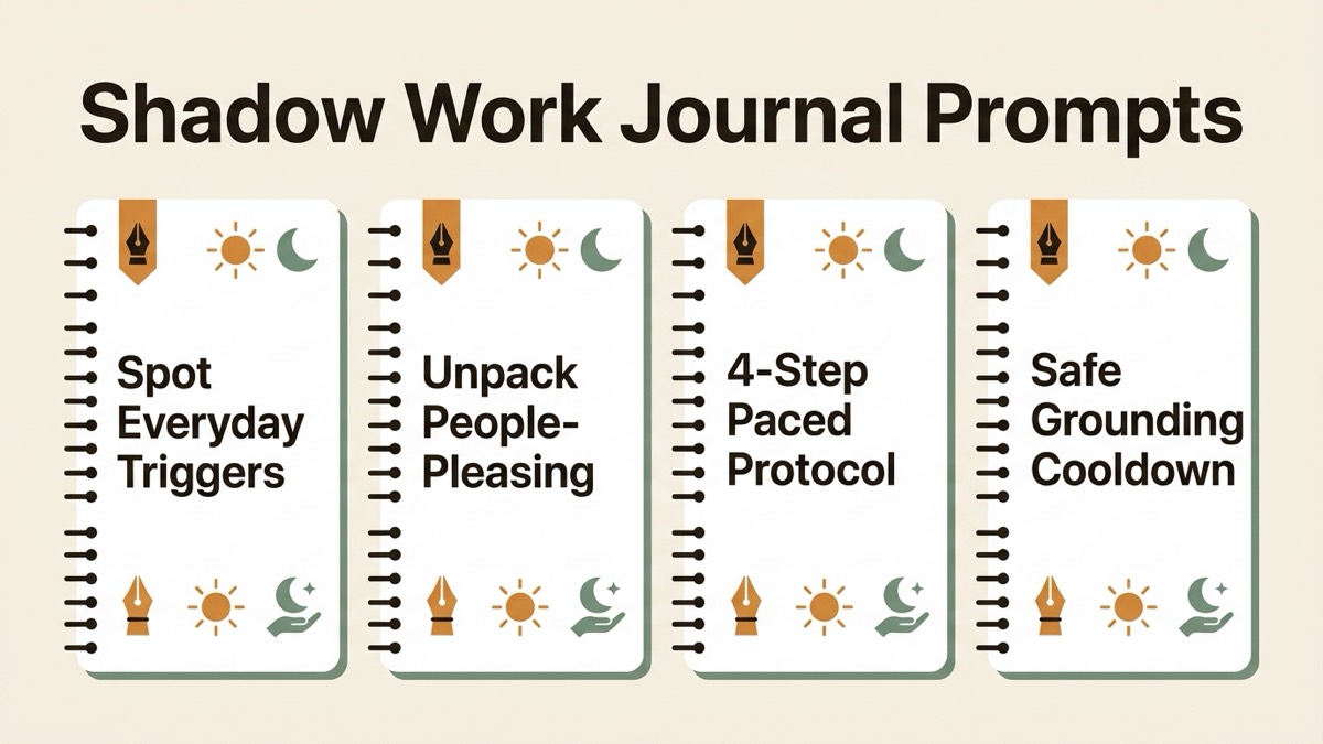 Infographic guide to shadow work journal prompts covering Spot Everyday Triggers, Unpack People-Pleasing, and 4-Step Paced Protocol.