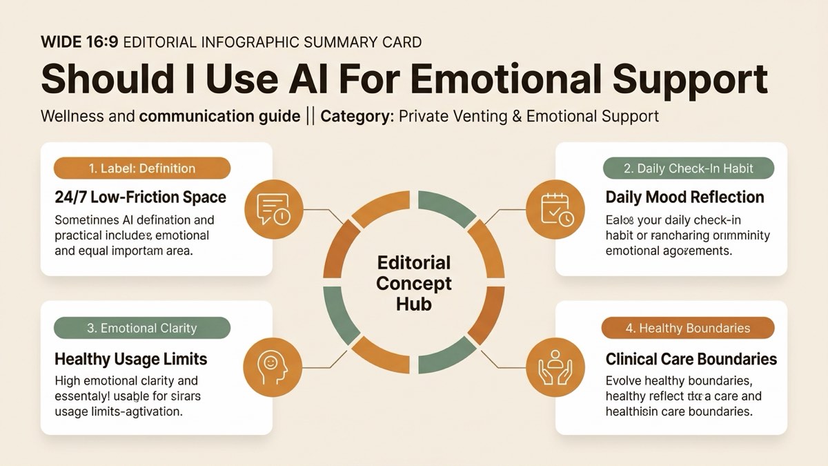 Infographic guide to should i use ai for emotional support covering 24/7 Low-Friction Space, Daily Mood Reflection, and Healthy Usage Limits.