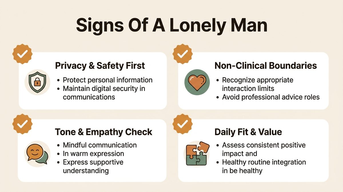 Infographic for signs of a lonely man: Privacy & Safety First, Non-Clinical Boundaries, Tone & Empathy Check, and Daily Fit & Value.