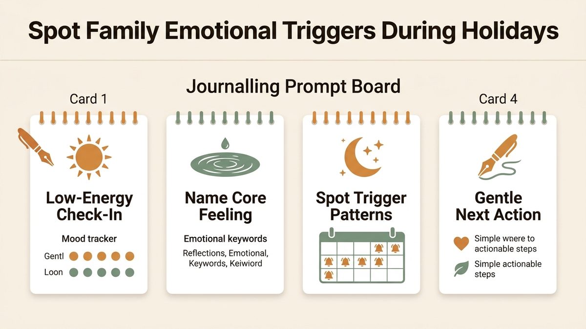 Infographic guide to spot family emotional triggers during holidays covering Low-Energy Check-In, Name Core Feeling, and Spot Trigger Patterns.