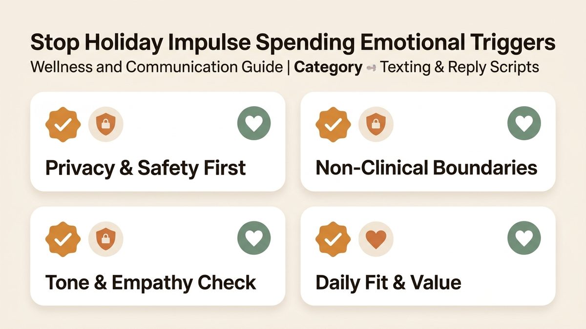 Infographic guide to stop holiday impulse spending emotional triggers covering Privacy & Safety First, Non-Clinical Boundaries, and Tone & Empathy Check.