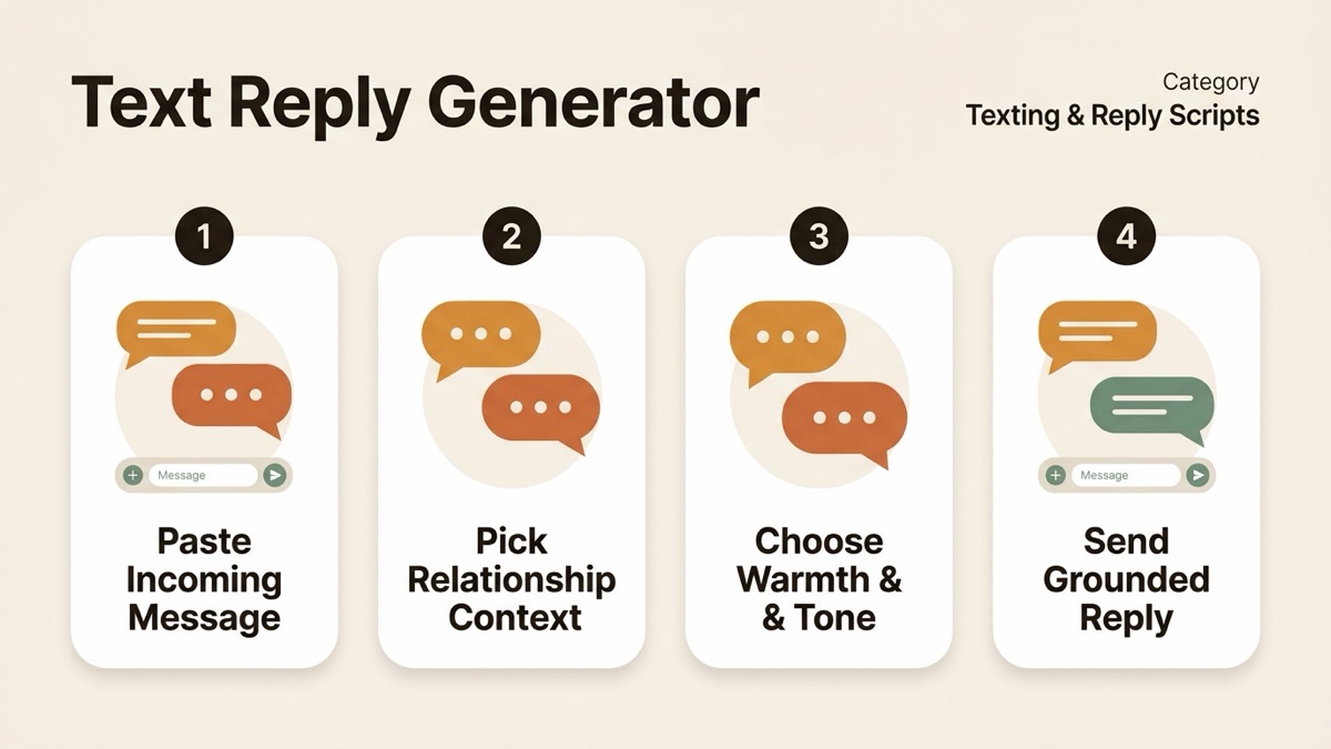 Infographic for text reply generator: Paste Incoming Message, Pick Relationship Context, Choose Warmth & Tone, and Send Grounded Reply.