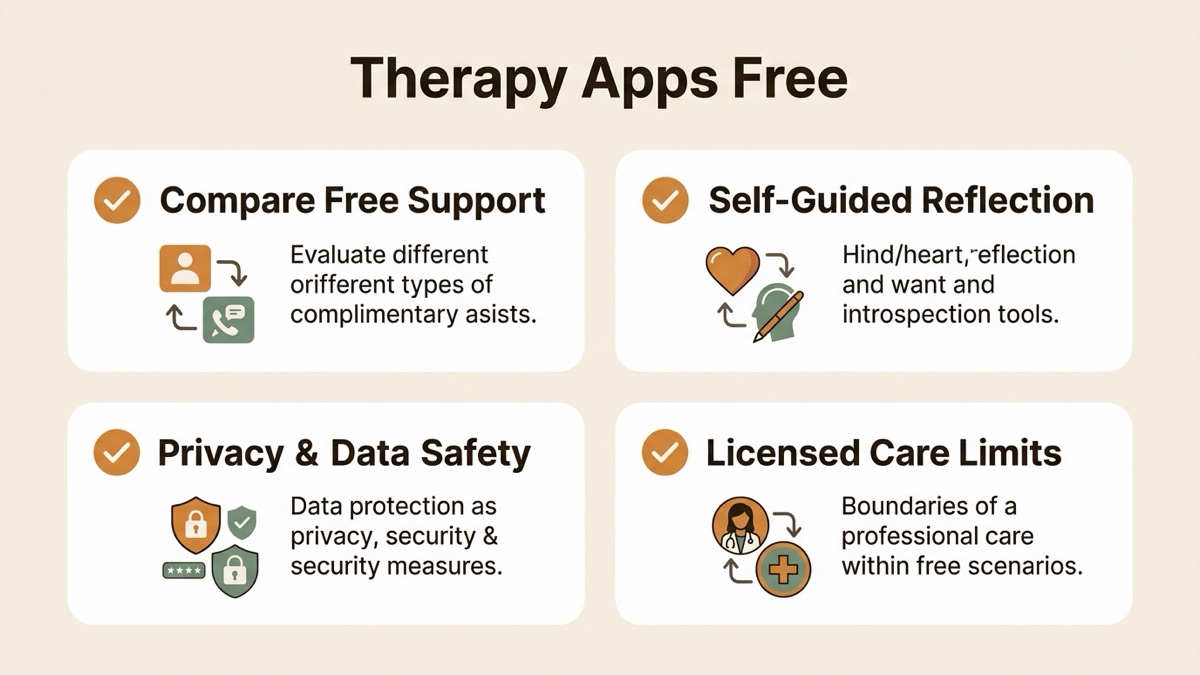 Infographic for therapy apps free: Compare Free Support, Self-Guided Reflection, Privacy & Data Safety, and Licensed Care Limits.