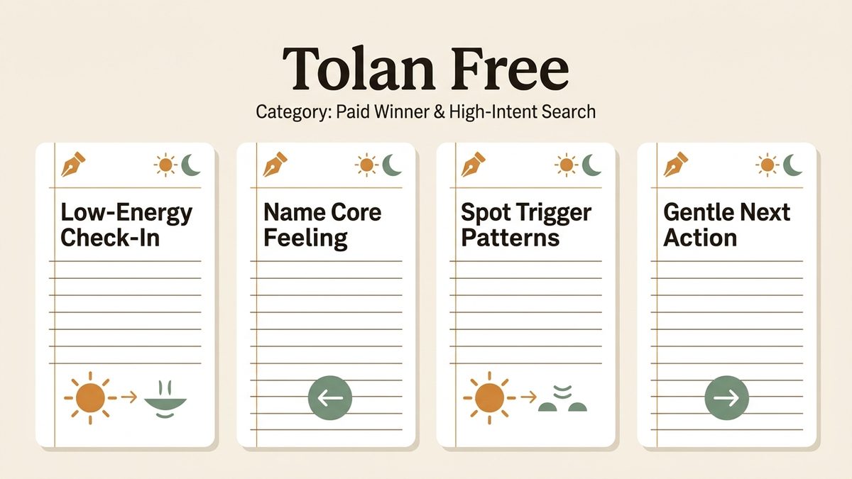 Infographic for tolan free: Low-Energy Check-In, Name Core Feeling, Spot Trigger Patterns, and Gentle Next Action.