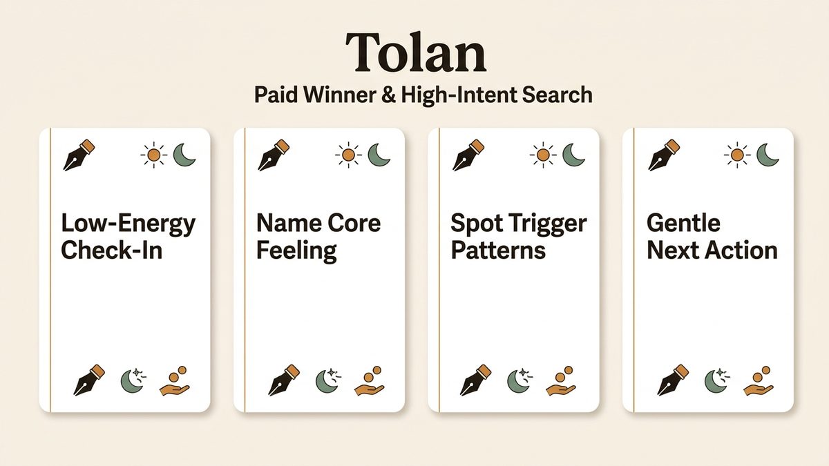 Infographic for tolan: Low-Energy Check-In, Name Core Feeling, Spot Trigger Patterns, and Gentle Next Action.