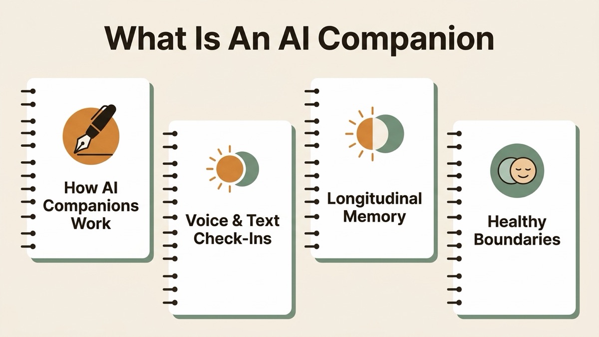 Infographic for what is an ai companion: How AI Companions Work, Voice & Text Check-Ins, Longitudinal Memory, and Healthy Boundaries.
