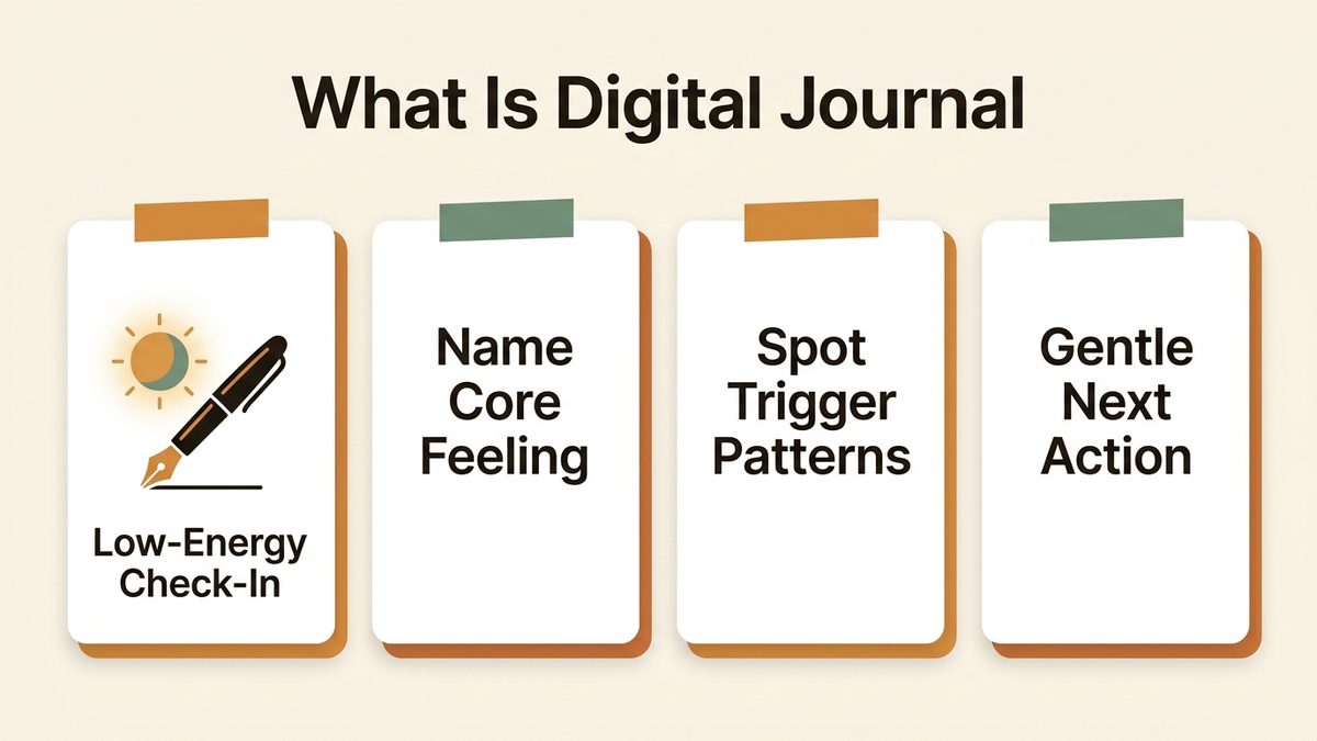 Infographic for what is digital journal: Low-Energy Check-In, Name Core Feeling, Spot Trigger Patterns, and Gentle Next Action.
