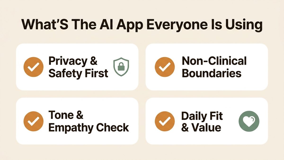 Infographic guide to what's the ai app everyone is using covering Privacy & Safety First, Non-Clinical Boundaries, and Tone & Empathy Check.