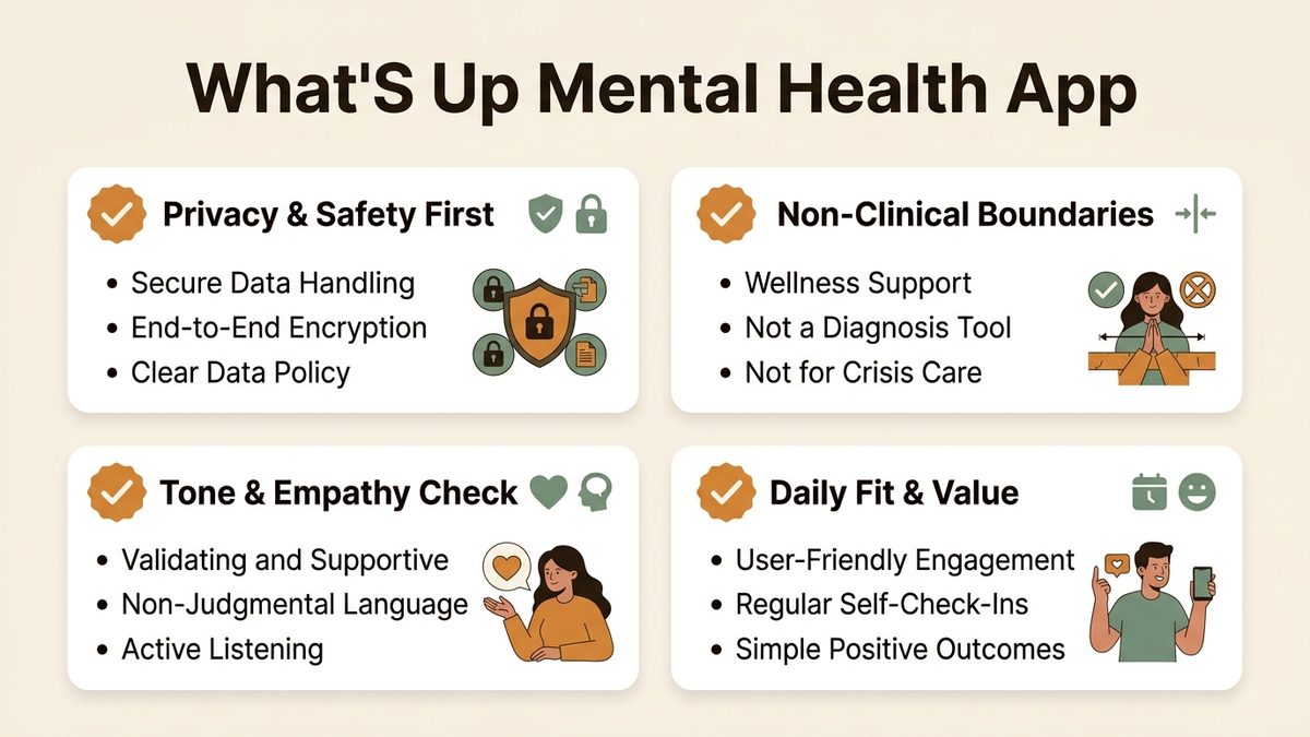 Infographic guide to what's up mental health app covering Privacy & Safety First, Non-Clinical Boundaries, and Tone & Empathy Check.