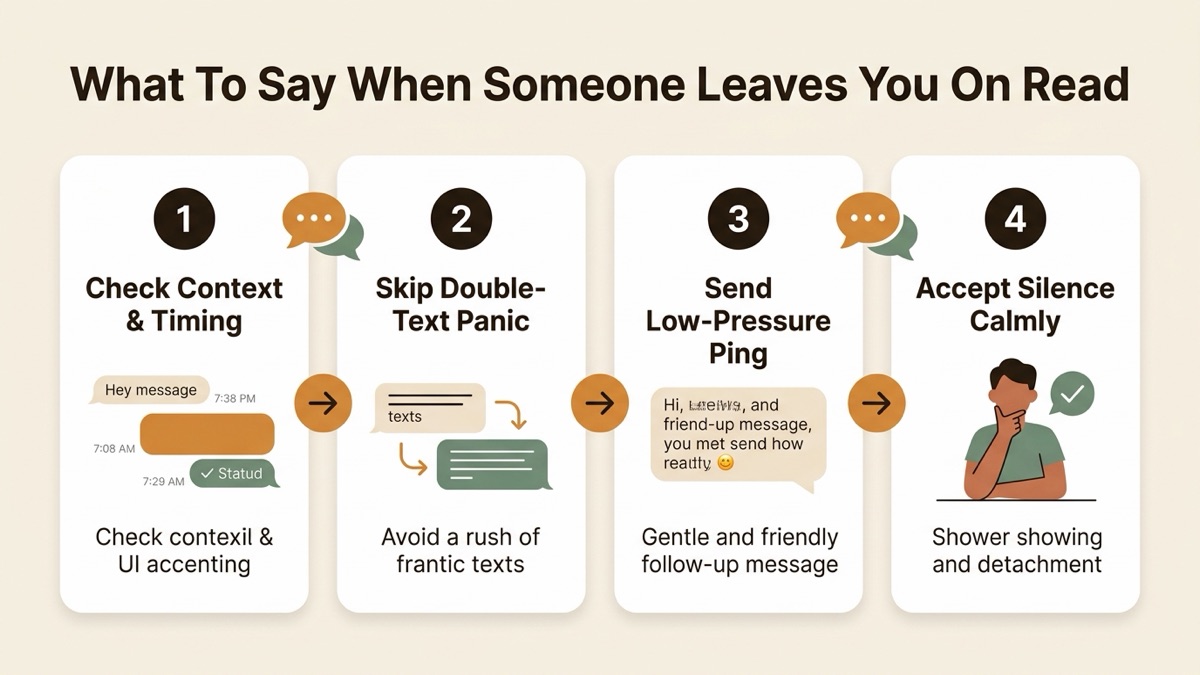 Infographic guide to what to say when someone leaves you on read covering Check Context & Timing, Skip Double-Text Panic, and Send Low-Pressure Ping.