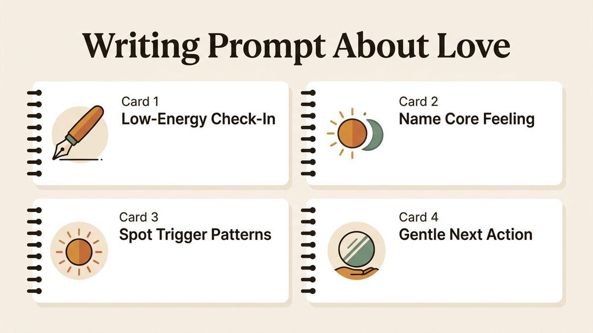 Infographic for writing prompt about love: Low-Energy Check-In, Name Core Feeling, Spot Trigger Patterns, and Gentle Next Action.