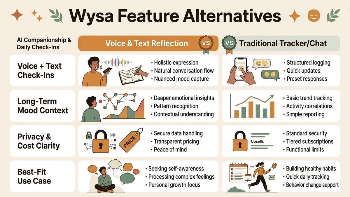 Infographic guide to Wysa feature alternatives covering Voice + Text Check-Ins, Long-Term Mood Context, and Privacy & Cost Clarity.
