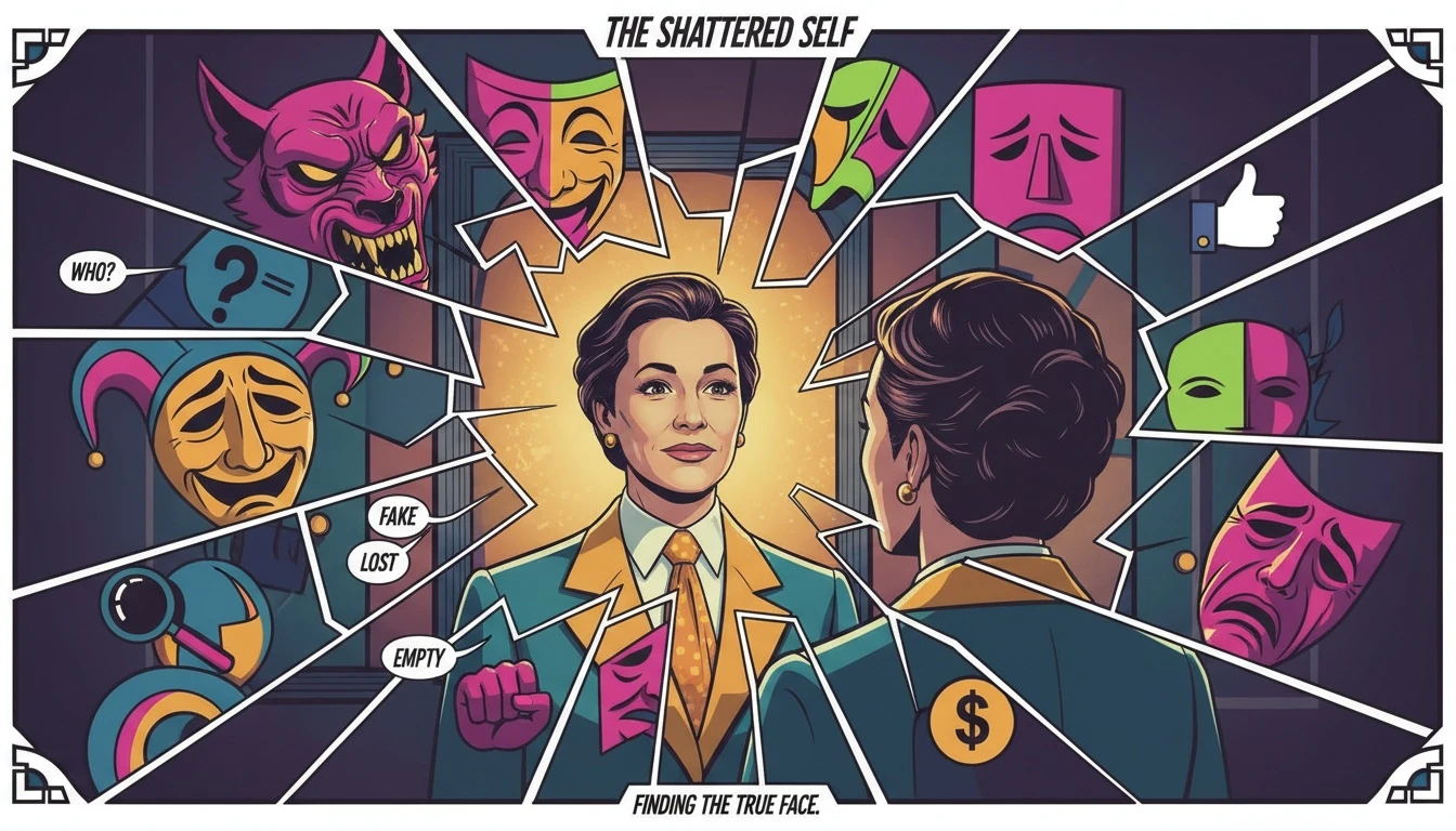 A symbolic image exploring the topic of 16 personalities test accuracy, showing a person's reflection shattered into different masks but finding their true self in the center. Filename: 16-personalities-test-accuracy-wrong-bestie-ai.webp