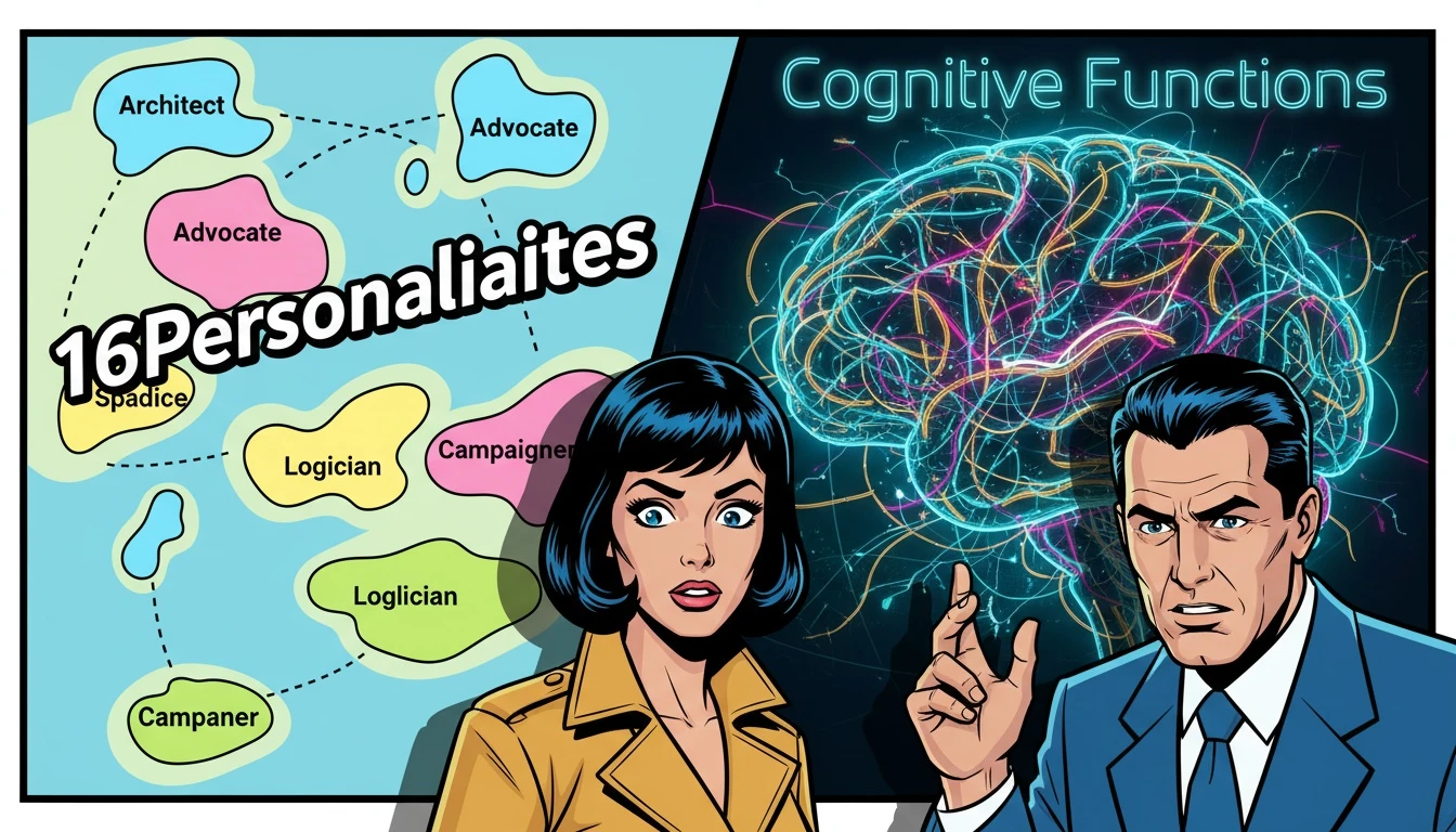 A visual comparison showing the difference in MBTI meaning: a simple map for 16Personalities versus a complex brain blueprint representing cognitive functions. Filename: mbti-meaning-16personalities-vs-mbti.webp