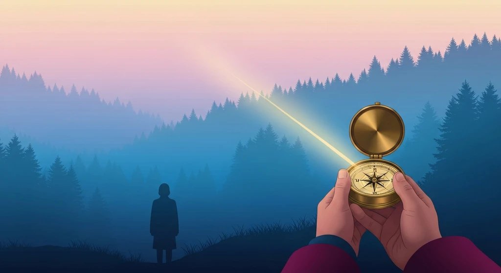 A person using a glowing compass to find their way through a dense fog, symbolizing the journey to identify ptsd symptoms. ptsd-symptoms-bestie-ai.webp