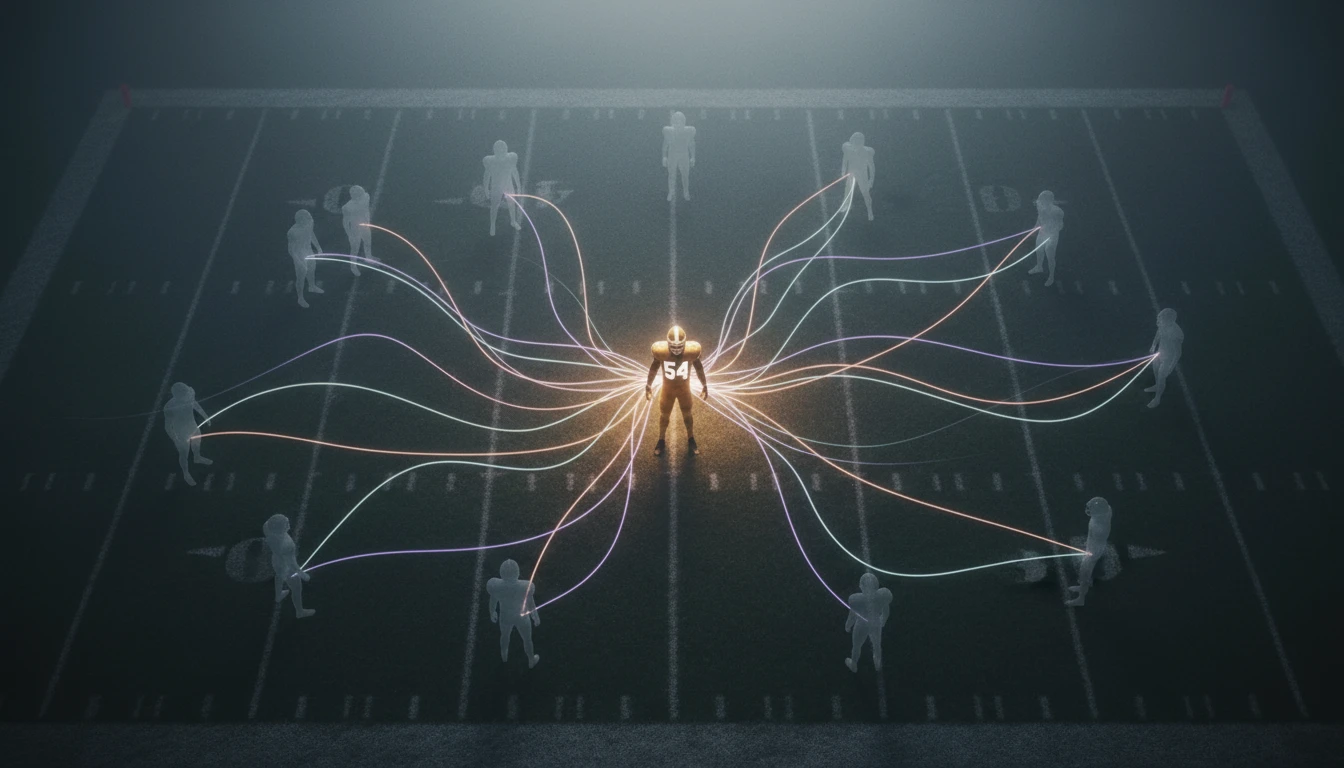 An allegorical image showing the impact of Fred Warner as the 49ers' defensive quarterback, with lines of light connecting him to his teammates, visualizing the team's reliance on him. filename: 49ers-defense-without-fred-warner-bestie-ai.webp