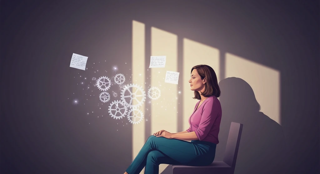 A woman reflecting on internal hyperactivity and adhd symptoms in women represented by symbolic clock gears-bestie-ai.webp