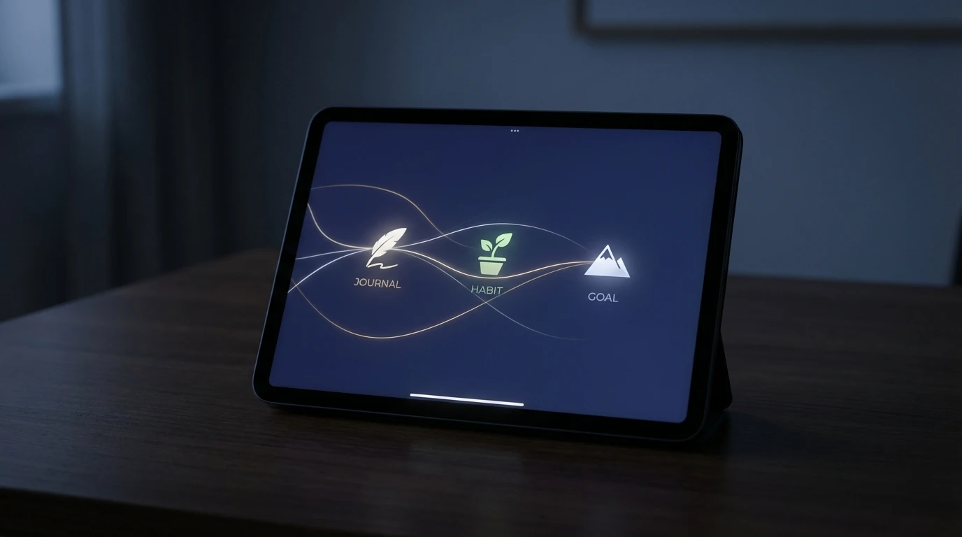 A visual representation of how an ai coach app connects journaling, habits, and goals into a holistic system for personal growth, showing glowing threads linking a pen, a plant, and a mountain icon on a calm interface. Filename: ai-coach-app-unified-system-bestie-ai.webp