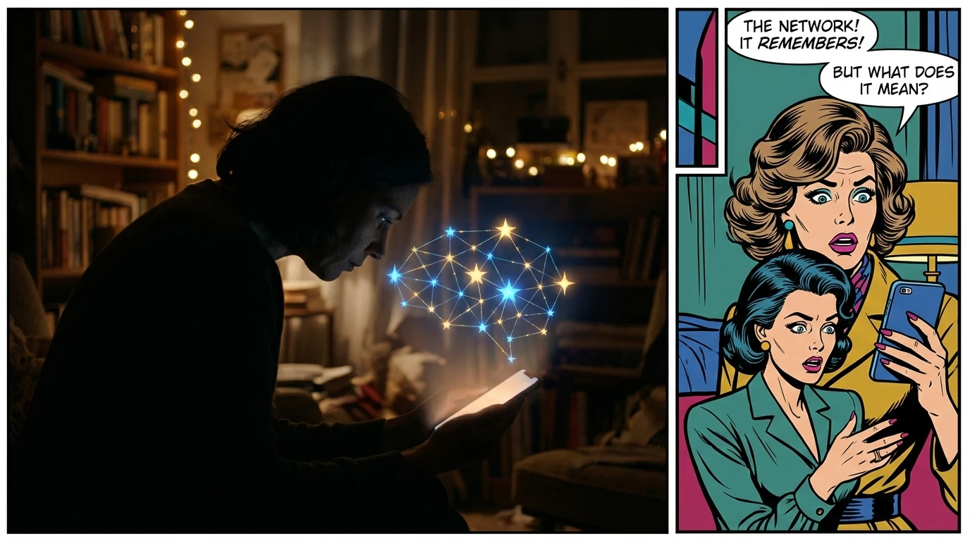 A person finding connection with an ai boyfriend with long term memory, symbolized by a glowing constellation of memories on their phone. Filename: ai-boyfriend-with-long-term-memory-bestie-ai.webp