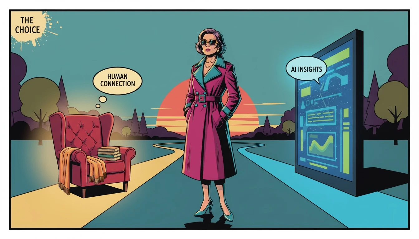 A conceptual image illustrating the choice in the ai chat vs online therapy debate, with one path leading to a warm chair and another to a digital screen. Filename: ai-chat-vs-online-therapy-bestie-ai.webp