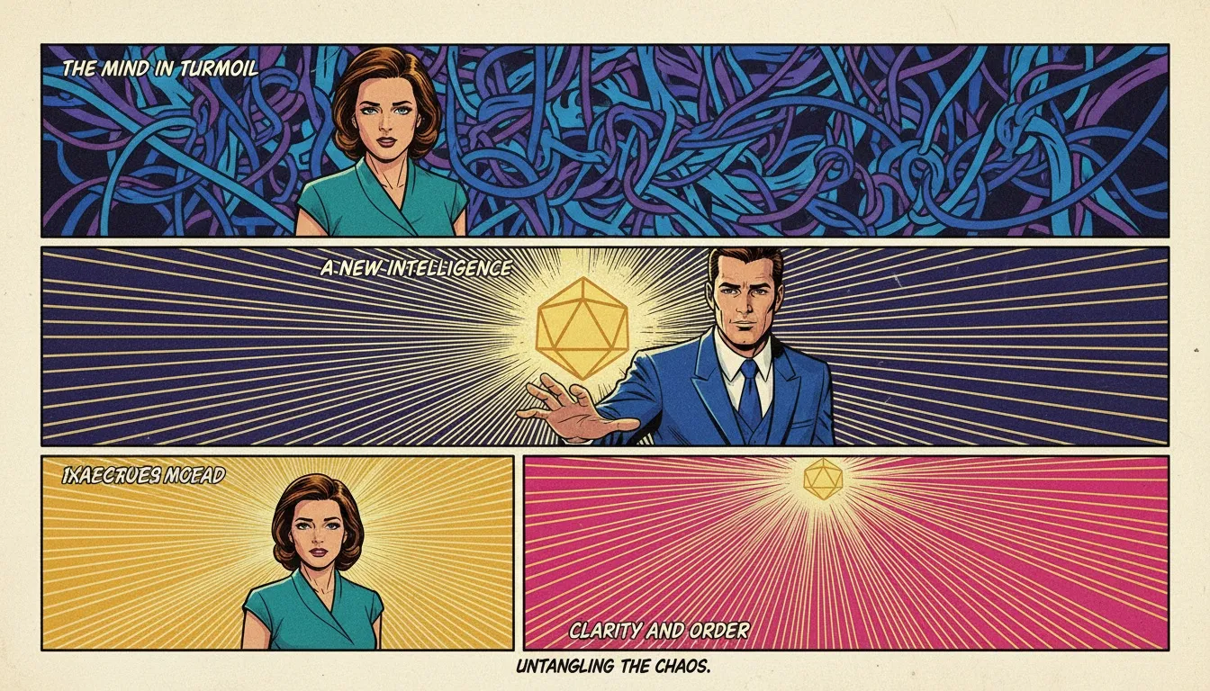 A symbolic representation of how an ai chatbot for anxiety and cbt can bring order to chaotic thoughts, shown as a glowing light untangling complex pathways. Filename: ai-chatbot-for-anxiety-and-cbt-bestie-ai.webp