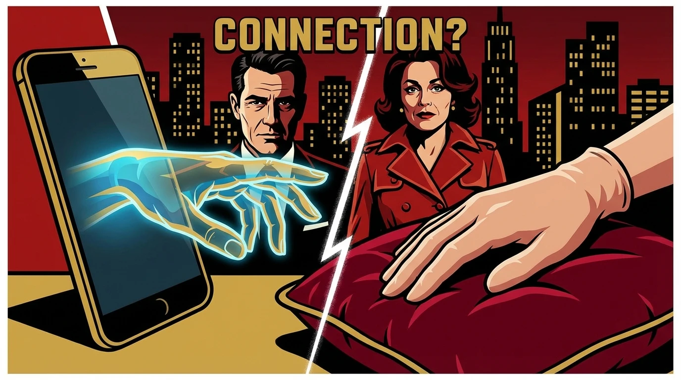 A symbolic image exploring the choice between a digital chatbot and a physical ai companion doll, showing a holographic hand reaching towards a realistic silicone hand, named ai-companion-doll-vs-chatbot-bestie-ai.webp.