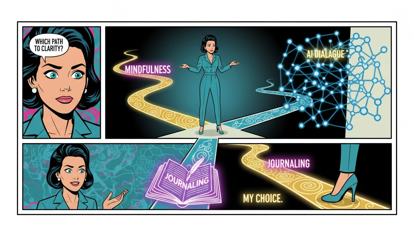 A person considers their options among different types of free therapy apps, represented by glowing paths for AI chatbots, meditation, and journaling, illustrating the choice of a mental wellness tool. Filename: free-therapy-apps-comparison-bestie-ai.webp