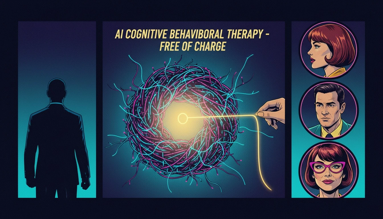 A person unraveling a complex knot of thoughts, symbolizing the clarity gained from using ai cognitive behavioral therapy free tools online. File name: ai-cognitive-behavioral-therapy-free-bestie-ai.webp