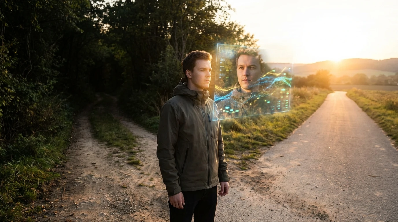 A person seeing a confident reflection of themselves in a data stream, symbolizing how an ai companion for personal growth can illuminate the path forward. Filename: ai-companion-for-personal-growth-bestie-ai.webp