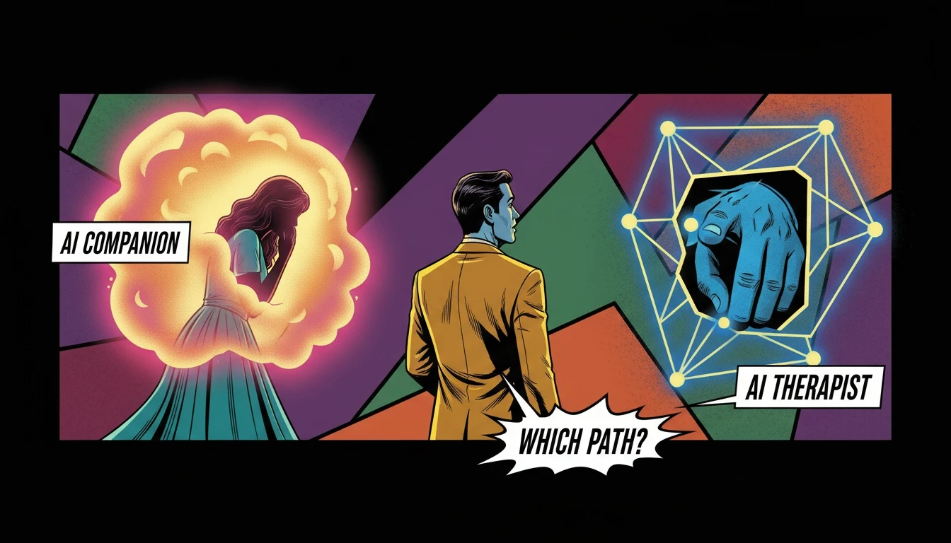 A symbolic image exploring the AI companion vs AI therapist choice, with one light representing emotional support and another representing structured guidance. Filename: ai-companion-vs-ai-therapist-bestie-ai.webp