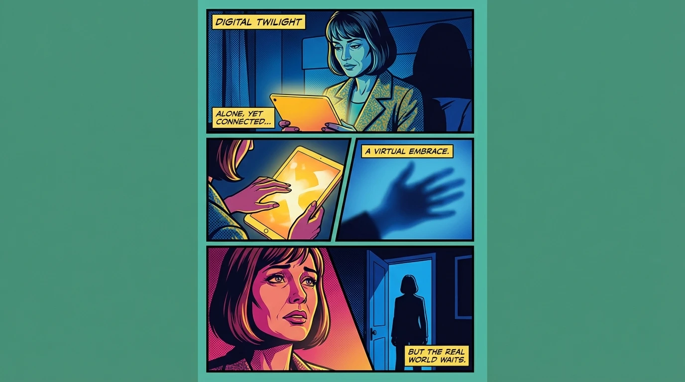 A person finds both comfort and solitude in the debate of an ai companion vs real friends, with one hand on a glowing screen and the other reaching out. Filename: ai-companion-vs-real-friends-bestie-ai.webp