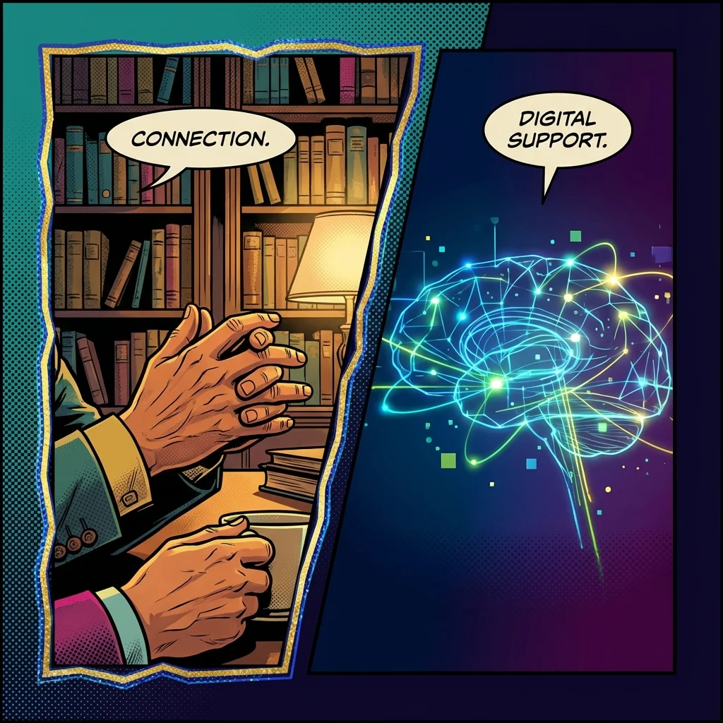 A split image representing the choice of an ai companion vs traditional therapy, with one side showing warm human hands and the other a cool digital neural network. Filename: ai-companion-vs-traditional-therapy-bestie-ai.webp.