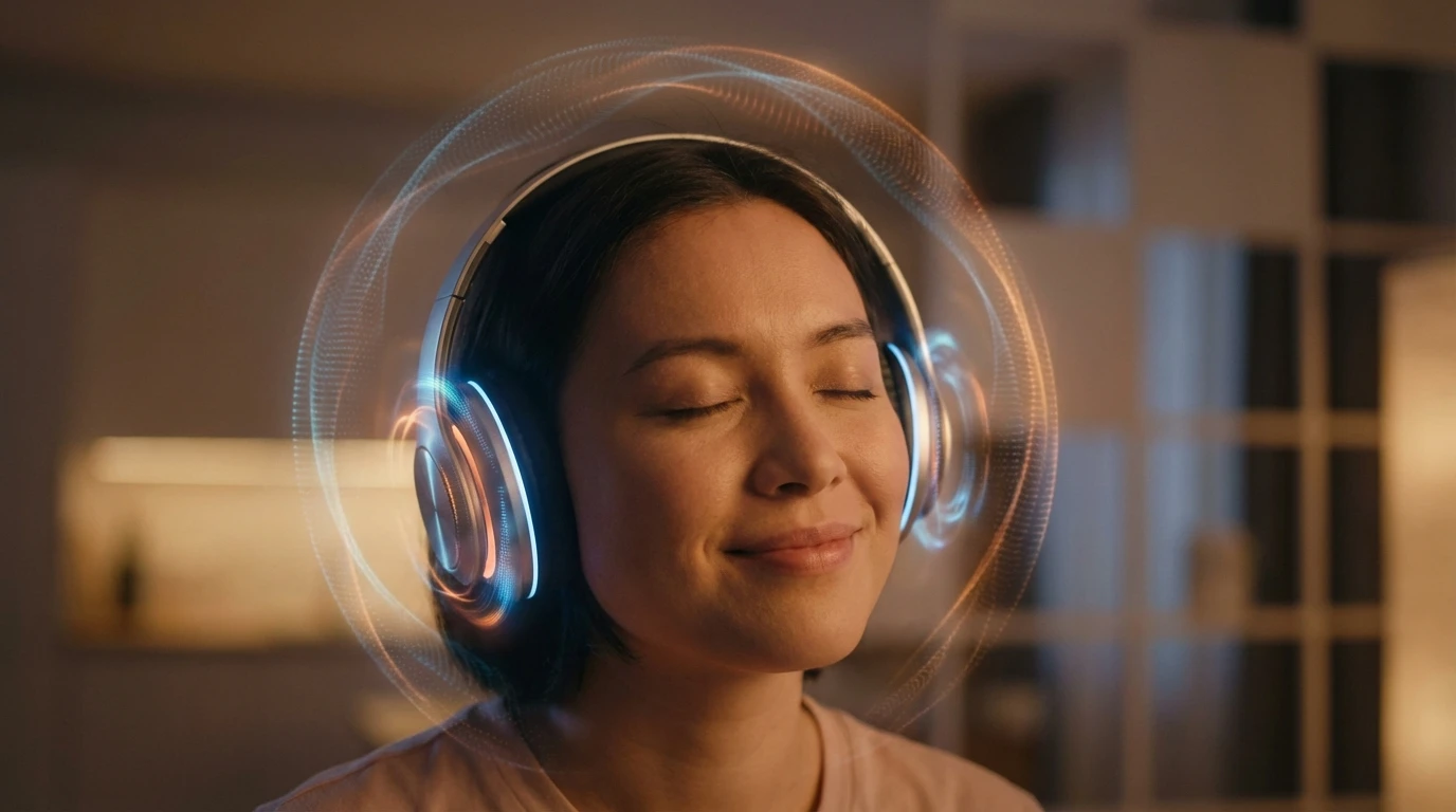 A person finding emotional connection with an ai companion with realistic voice, depicted by glowing headphones and serene soundwaves, representing an immersive experience. Filename: ai-companion-with-realistic-voice-bestie-ai.webp