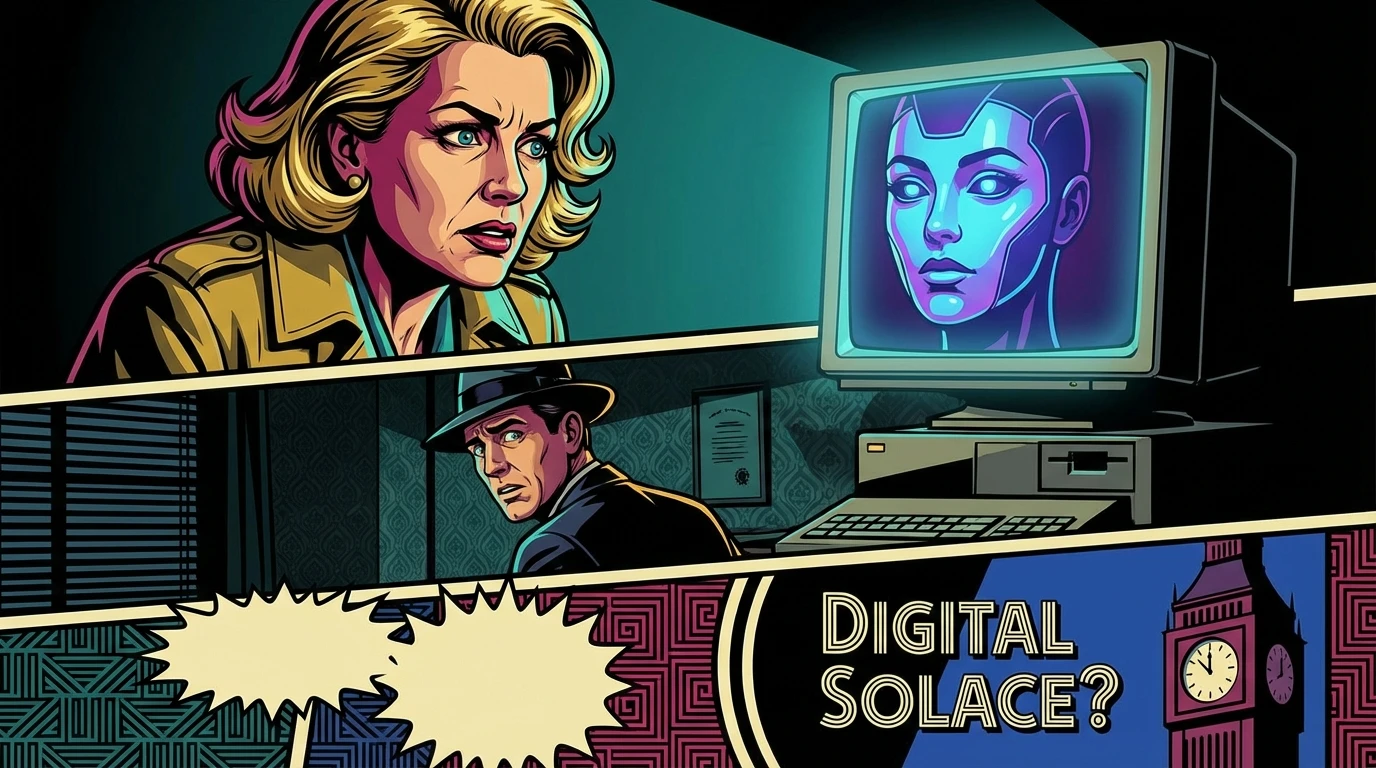 A person finding comfort with their ai desktop companion, which glows warmly from their screen in a quiet room, illustrating a modern solution to loneliness. Filename: ai-desktop-companion-loneliness-bestie-ai.webp